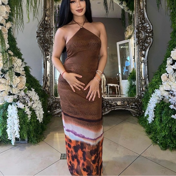 ZARA Tulle Bloggers Favorite Halter Maxi open back Dress Brown Open Back NWT - Picture 1 of 11